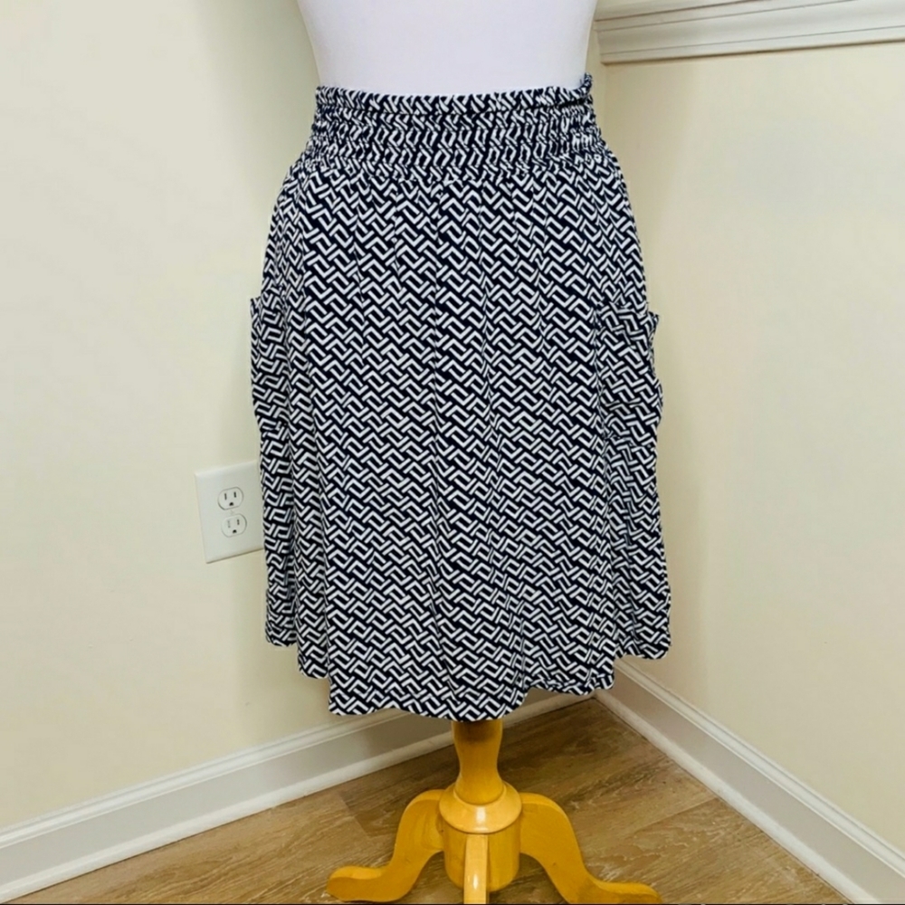Merona Navy & White Smock Waistband Nautical Geometric Patterned Skirt w Pockets